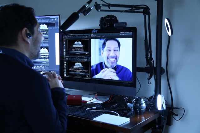 From his home, Abel Sanchez leads the live virtual delivery of Digital Transformation. The program included 30 professionals, each also participating from home. Photo: Abel Sanchez
